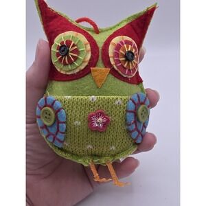 Whimsical Green Red Knited Felt Owl Christmas Ornament